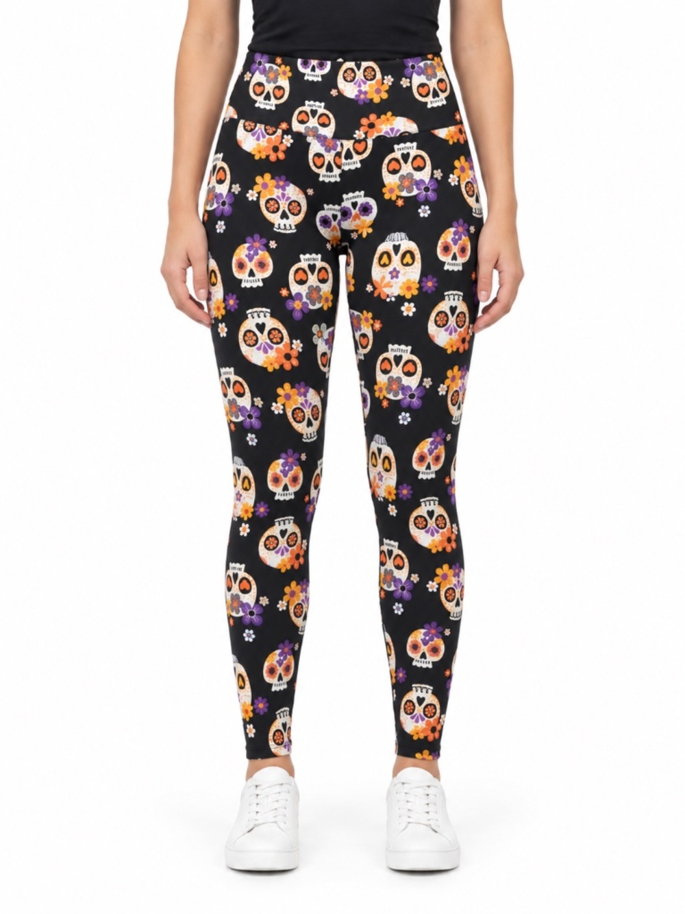 SHOSHO Sugar Skull Halloween Leggings L/XL Black Floral Pajama Día de Muertos